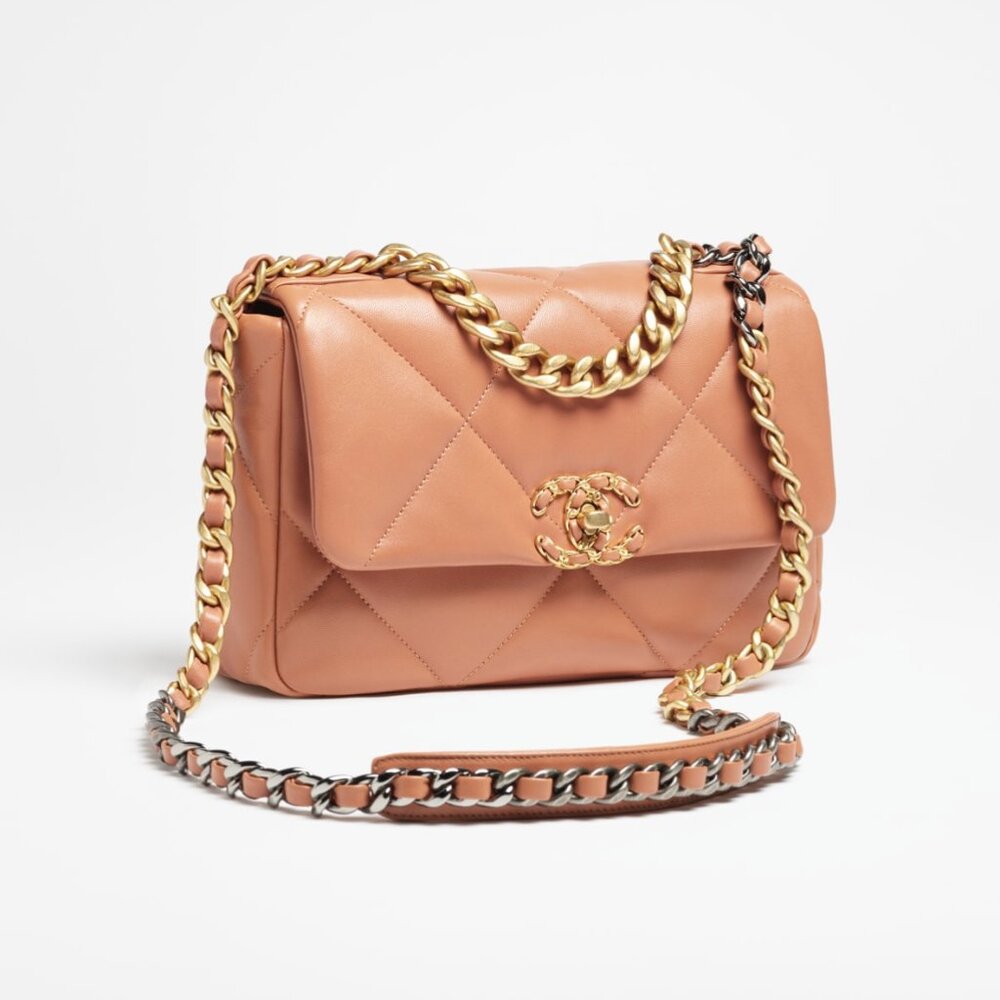 Authentic CHANEL 19 Medium Flap Bag- Rare Camel/ Light Brown Quilted Lambskin